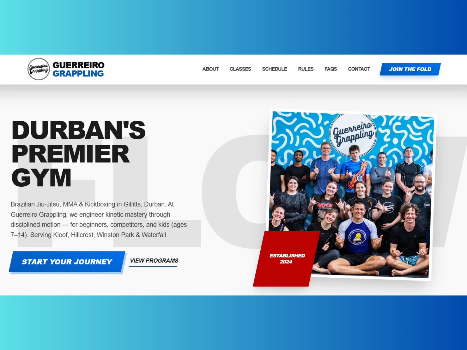 Guerreiro Grappling website showcase with the gym homepage, team photo and blue gradient framing